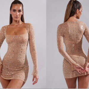 Oh Polly Zeta Sheer Embellished Long Sleeve A-Line Mini Dress in Almond NWOT
